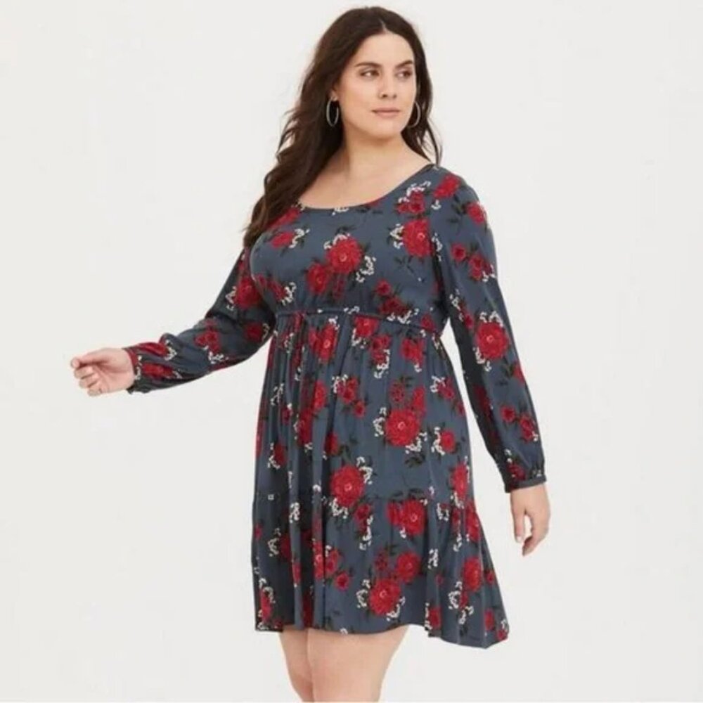 Torrid Florla Mini Challis Skater Dress Slate Gray Red Size 3X - Picture 2 of 12